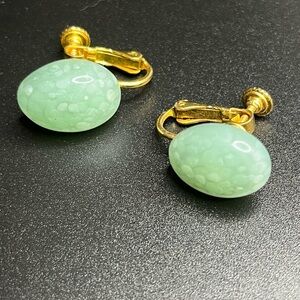 Vintage Les Bernard pale jade green glass cabochon screw-back earrings